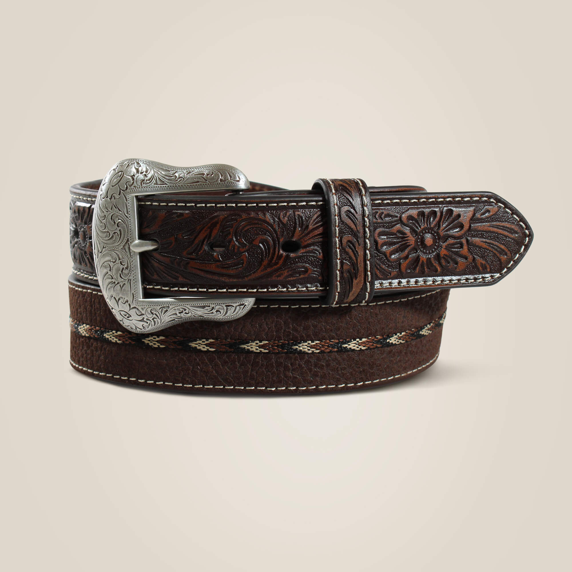 Embossed center stitch belt