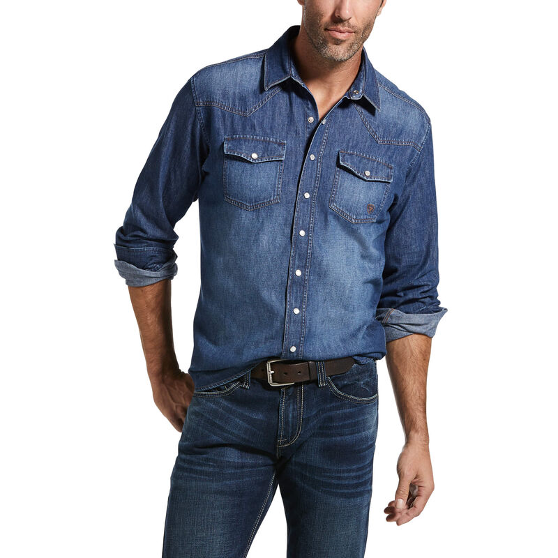 Men's Girard Classic Fit Shirt in Chambray Blue, Size: Medium by Ariat