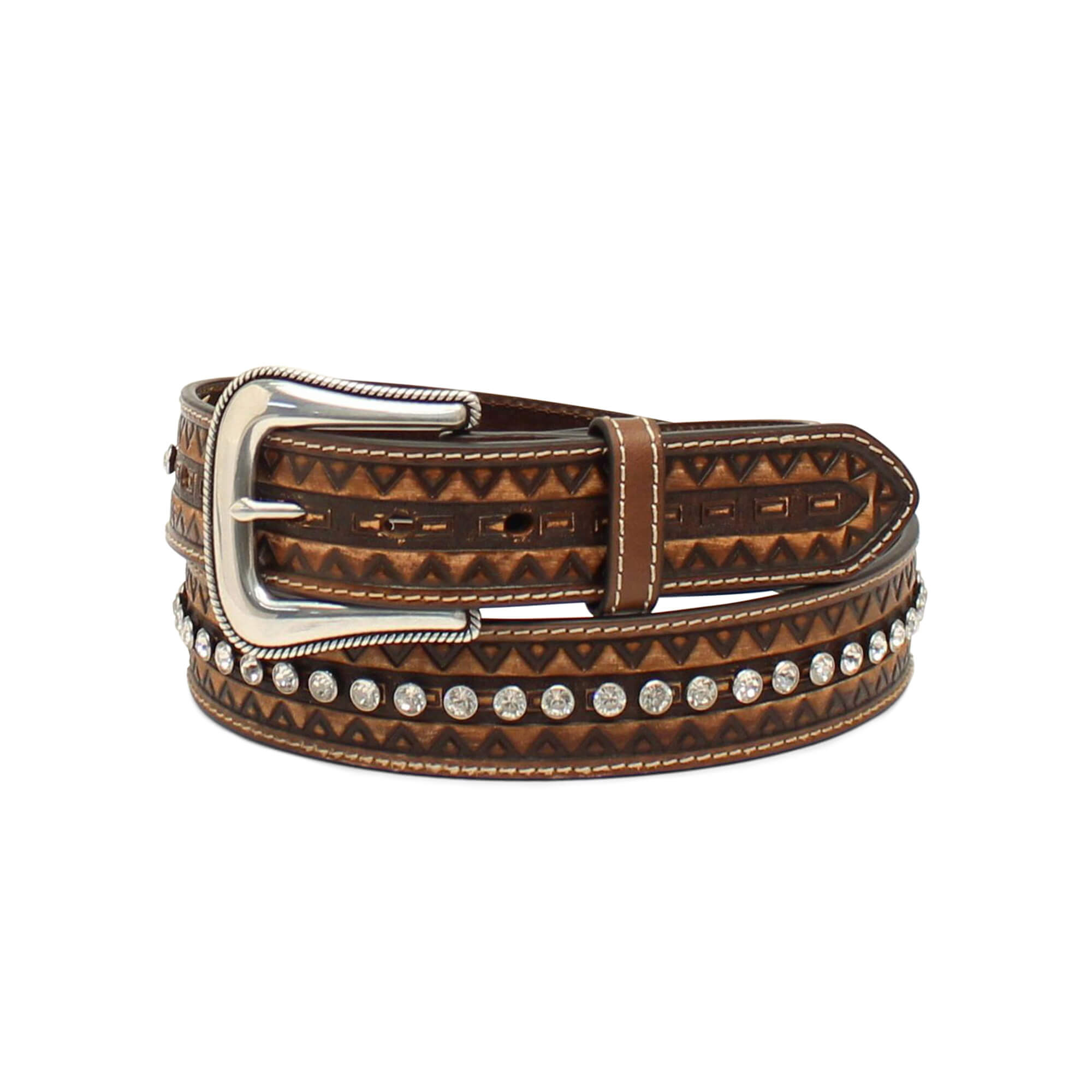 Ariat® Girls' Brown Leather Floral Pink Lace Studded Belt